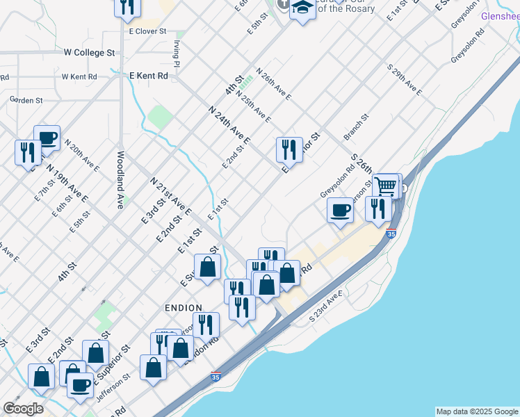 map of restaurants, bars, coffee shops, grocery stores, and more near in Duluth