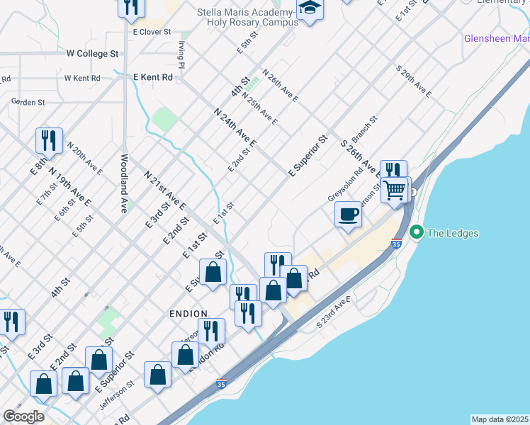 map of restaurants, bars, coffee shops, grocery stores, and more near in Duluth