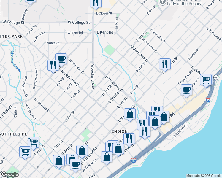 map of restaurants, bars, coffee shops, grocery stores, and more near 2029 East 3rd Street in Duluth