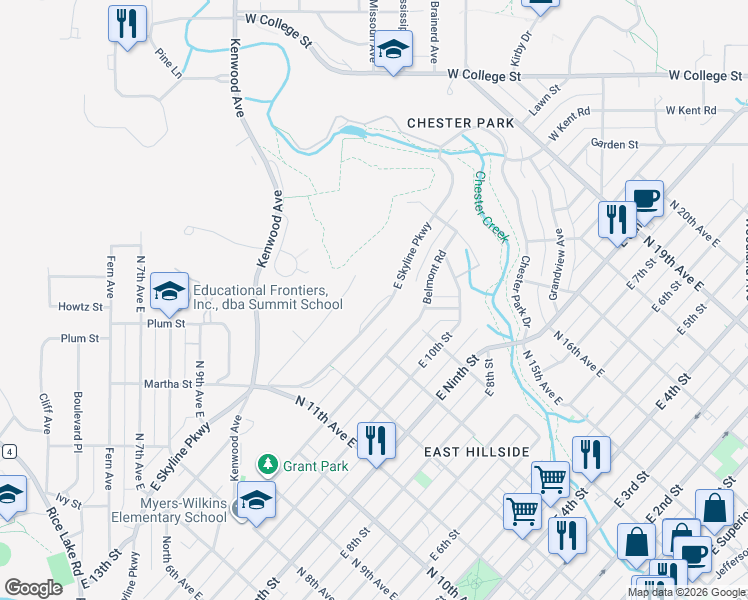 map of restaurants, bars, coffee shops, grocery stores, and more near 1325 East Skyline Parkway in Duluth