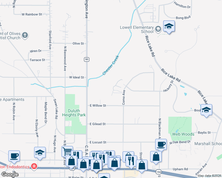 map of restaurants, bars, coffee shops, grocery stores, and more near 211 Bluffs Ridge Court in Duluth