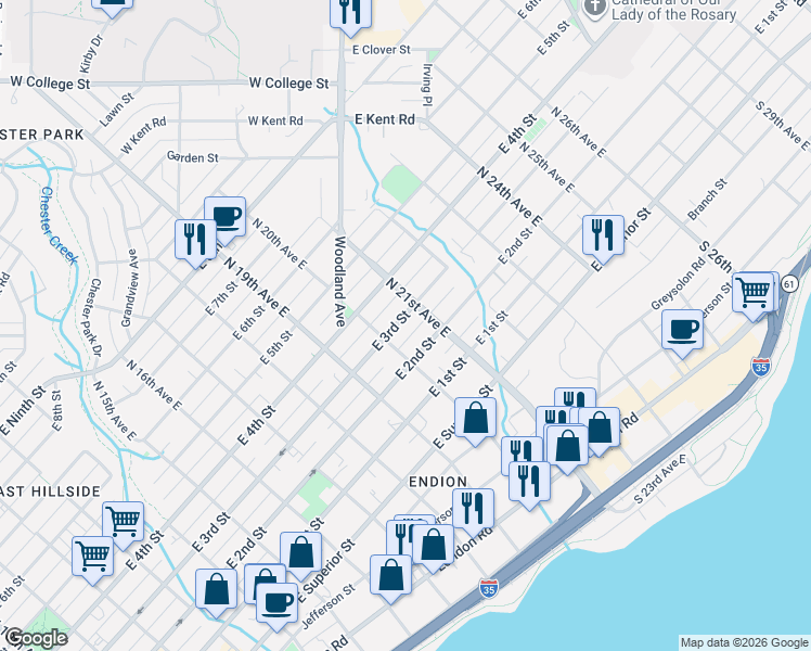 map of restaurants, bars, coffee shops, grocery stores, and more near 2029 East 3rd Street in Duluth