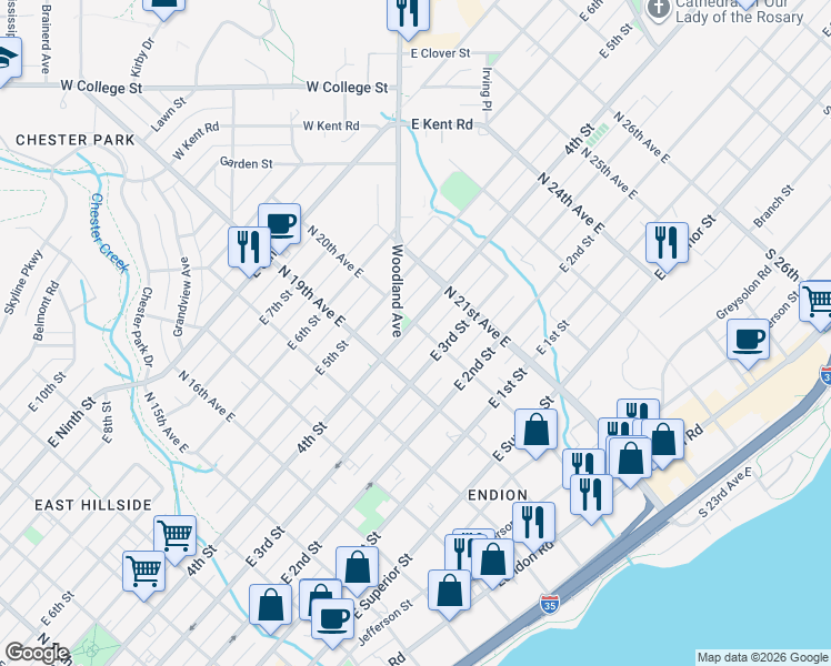 map of restaurants, bars, coffee shops, grocery stores, and more near 321 North 20th Avenue East in Duluth