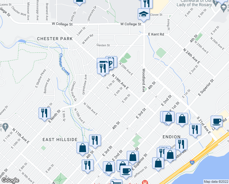 map of restaurants, bars, coffee shops, grocery stores, and more near 1801 East 6th Street in Duluth