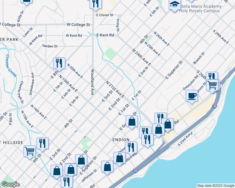 map of restaurants, bars, coffee shops, grocery stores, and more near 2112 East 3rd Street in Duluth