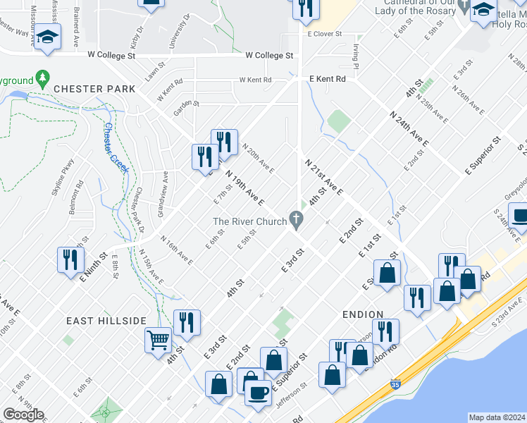 map of restaurants, bars, coffee shops, grocery stores, and more near 518 North 19th Avenue East in Duluth