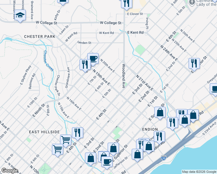 map of restaurants, bars, coffee shops, grocery stores, and more near 518 North 19th Avenue East in Duluth