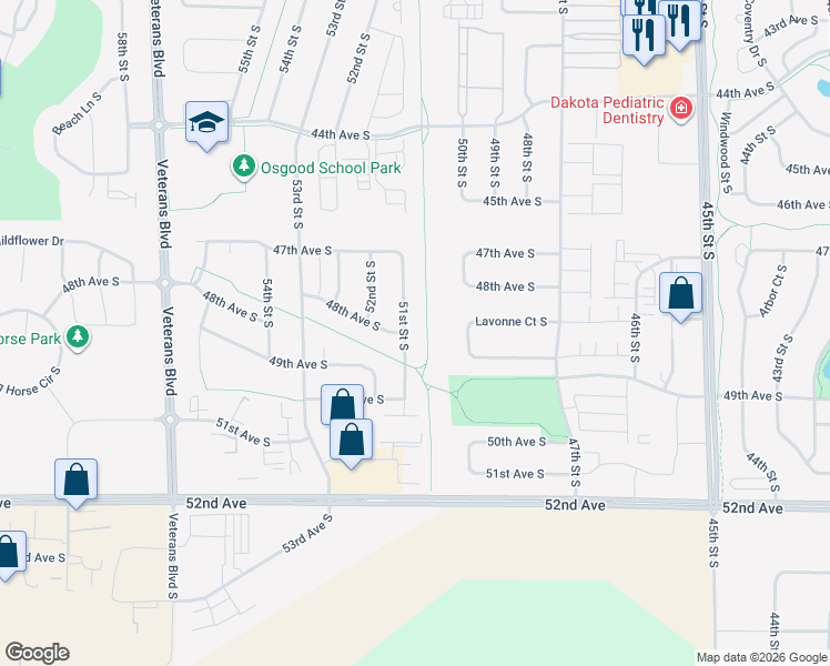 map of restaurants, bars, coffee shops, grocery stores, and more near 4769 51st Street South in Fargo