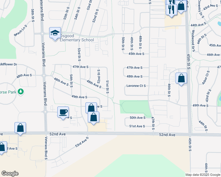 map of restaurants, bars, coffee shops, grocery stores, and more near 4769 51st Street South in Fargo