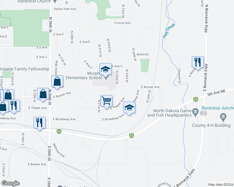 map of restaurants, bars, coffee shops, grocery stores, and more near 3252 East Rosser Avenue in Bismarck