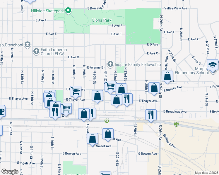 map of restaurants, bars, coffee shops, grocery stores, and more near 419 North 21st Street in Bismarck