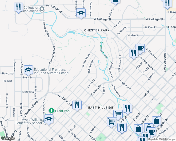 map of restaurants, bars, coffee shops, grocery stores, and more near 1414 East Skyline Parkway in Duluth
