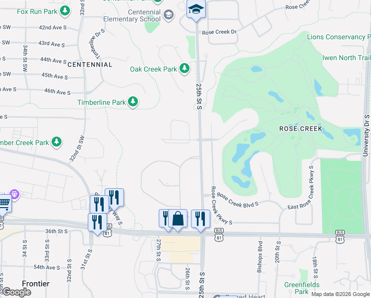 map of restaurants, bars, coffee shops, grocery stores, and more near 2520 Rose Creek Pkwy S in Fargo
