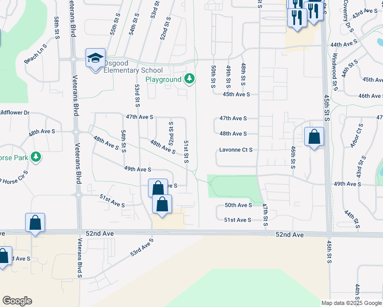 map of restaurants, bars, coffee shops, grocery stores, and more near 4769 51st Street South in Fargo
