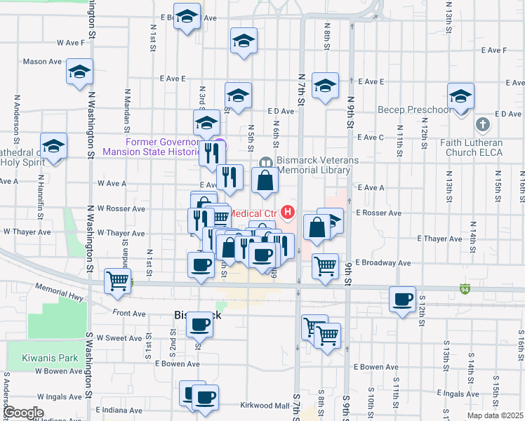 map of restaurants, bars, coffee shops, grocery stores, and more near 501-599 East Rosser Avenue in Bismarck
