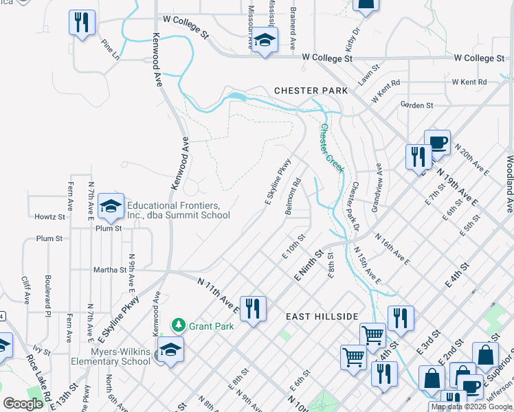 map of restaurants, bars, coffee shops, grocery stores, and more near 1325 East Skyline Parkway in Duluth