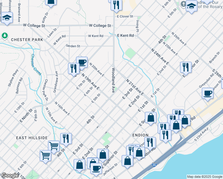 map of restaurants, bars, coffee shops, grocery stores, and more near 1926 East 5th Street in Duluth