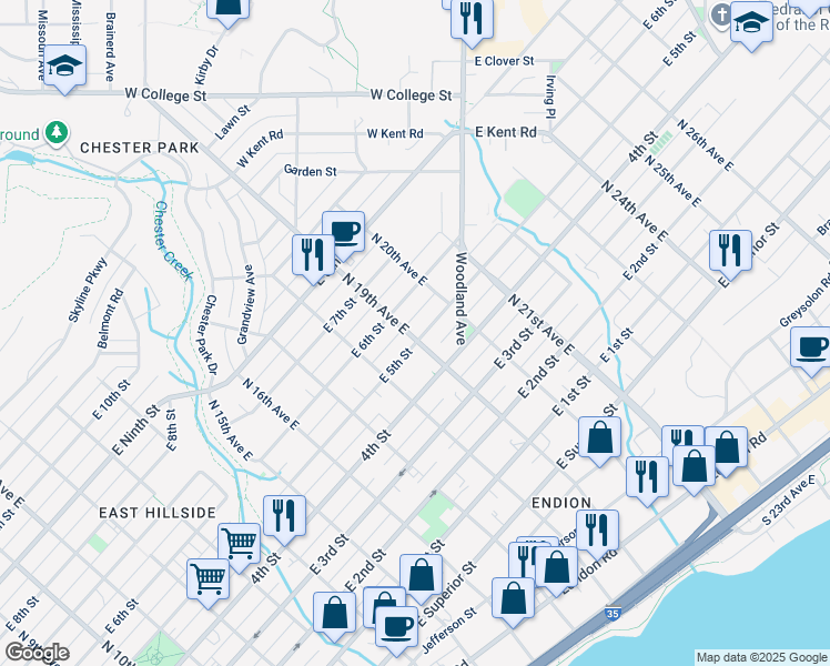 map of restaurants, bars, coffee shops, grocery stores, and more near 518 North 19th Avenue East in Duluth