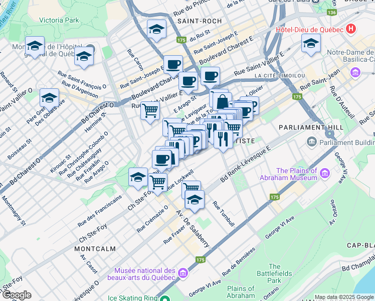 map of restaurants, bars, coffee shops, grocery stores, and more near 230 Rue D'Aiguillon in Ville de Québec