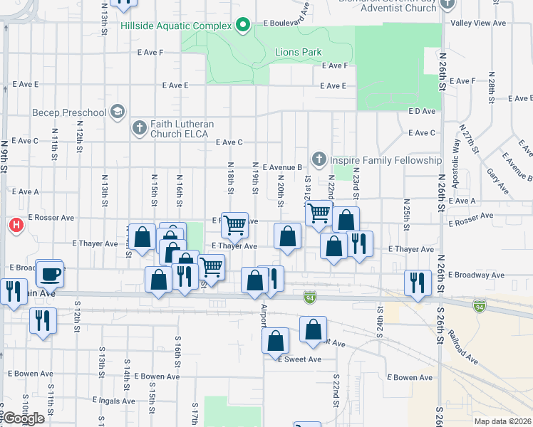 map of restaurants, bars, coffee shops, grocery stores, and more near 411 North 19th Street in Bismarck