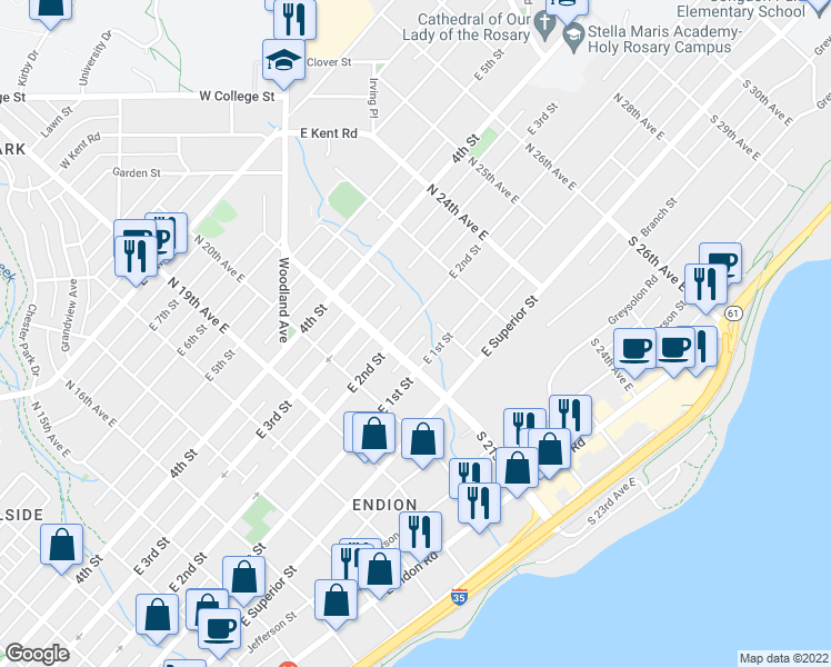 map of restaurants, bars, coffee shops, grocery stores, and more near 2120 East 2nd Street in Duluth