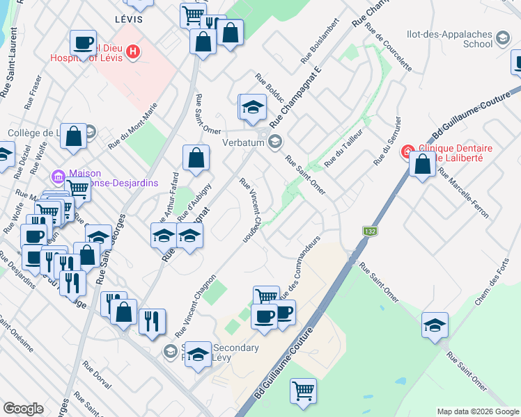 map of restaurants, bars, coffee shops, grocery stores, and more near 24 Rue Vincent-Chagnon in Lévis