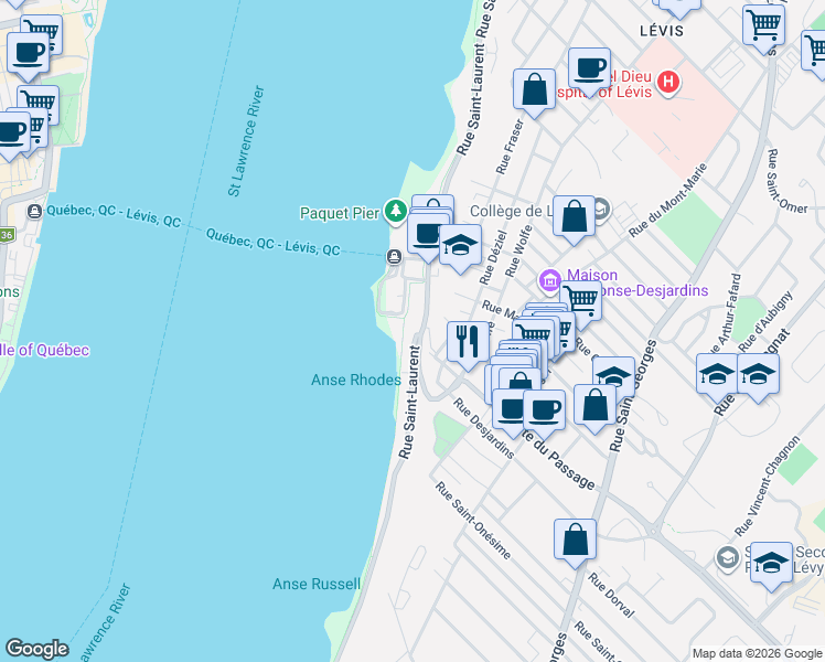 map of restaurants, bars, coffee shops, grocery stores, and more near 5895 Rue Saint-Laurent in Lévis