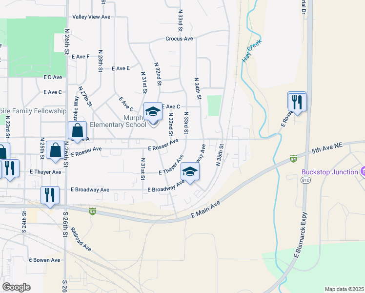 map of restaurants, bars, coffee shops, grocery stores, and more near 3250 East Thayer Avenue in Bismarck