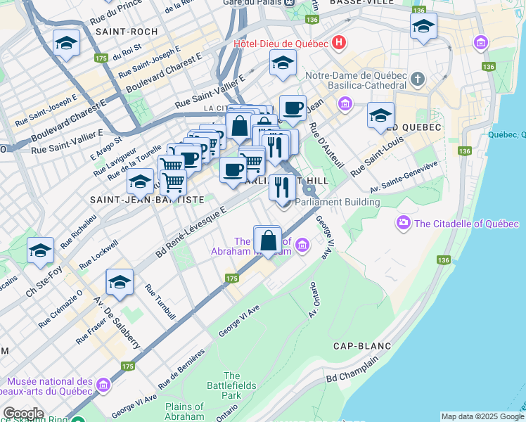 map of restaurants, bars, coffee shops, grocery stores, and more near in Québec City