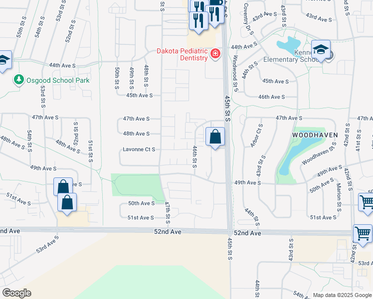 map of restaurants, bars, coffee shops, grocery stores, and more near 4741 45th Street South in Fargo