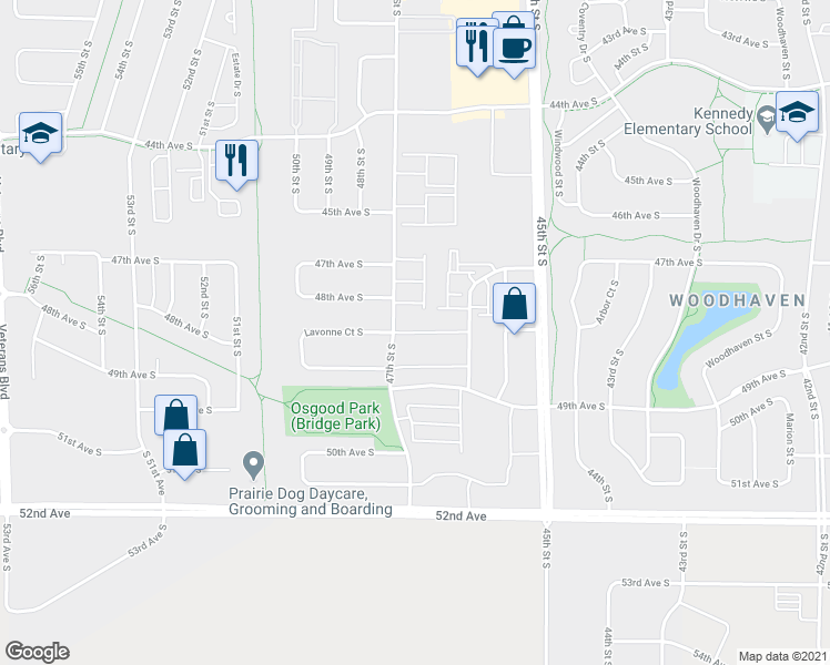 map of restaurants, bars, coffee shops, grocery stores, and more near 4822 47th Avenue South in Fargo