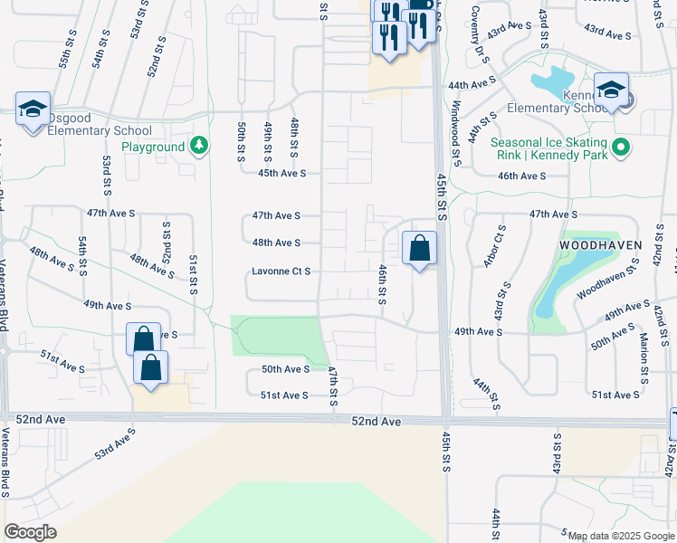 map of restaurants, bars, coffee shops, grocery stores, and more near 4822 47th Avenue South in Fargo