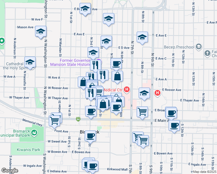 map of restaurants, bars, coffee shops, grocery stores, and more near 412 N 5th St in Bismarck