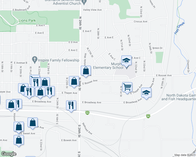 map of restaurants, bars, coffee shops, grocery stores, and more near 2712 East Rosser Avenue in Bismarck