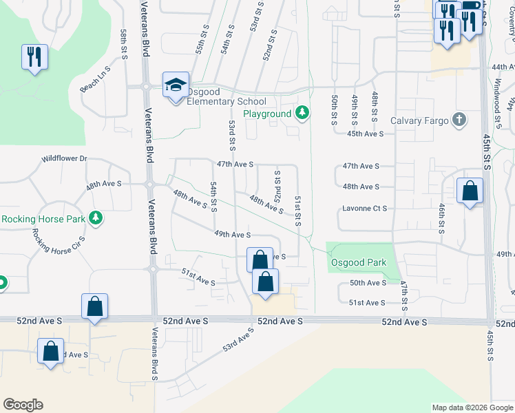 map of restaurants, bars, coffee shops, grocery stores, and more near 5240 48th Avenue South in Fargo