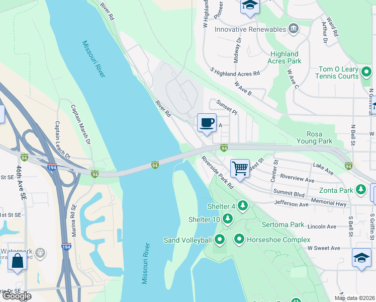 map of restaurants, bars, coffee shops, grocery stores, and more near 400 River Road in Bismarck