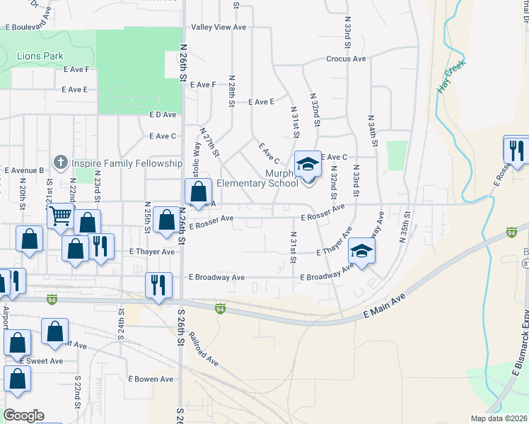 map of restaurants, bars, coffee shops, grocery stores, and more near 3010 East Rosser Avenue in Bismarck