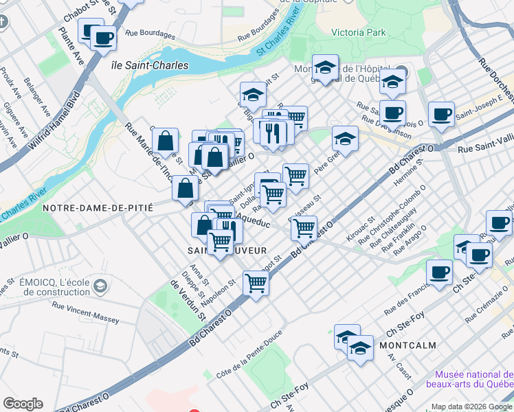 map of restaurants, bars, coffee shops, grocery stores, and more near 780 Rue Raoul-Jobin in Québec