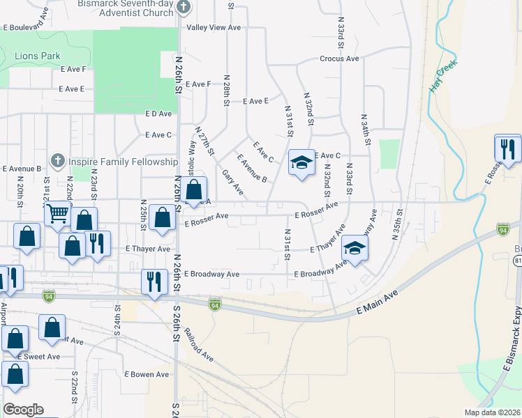 map of restaurants, bars, coffee shops, grocery stores, and more near 2910 East Rosser Avenue in Bismarck