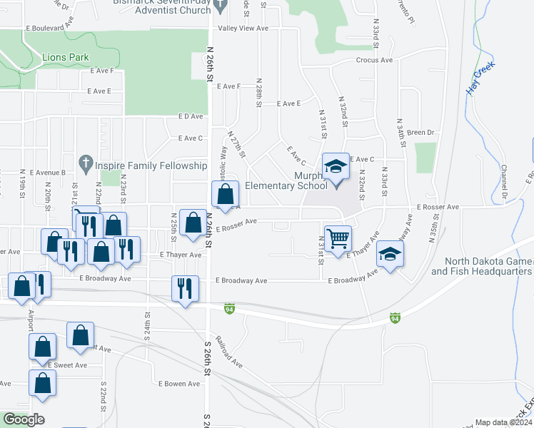 map of restaurants, bars, coffee shops, grocery stores, and more near 2712 East Rosser Avenue in Bismarck