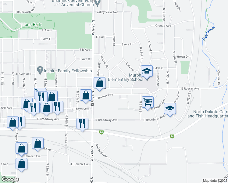 map of restaurants, bars, coffee shops, grocery stores, and more near 2712 East Rosser Avenue in Bismarck