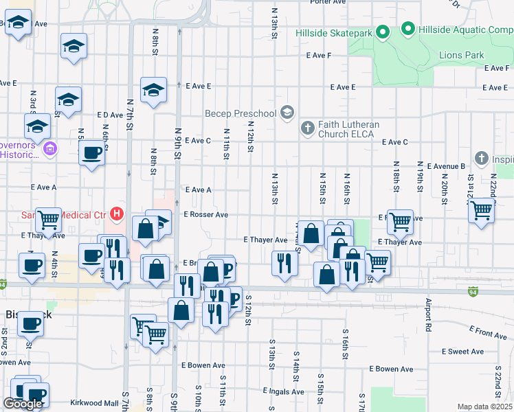map of restaurants, bars, coffee shops, grocery stores, and more near 412 North 13th Street in Bismarck