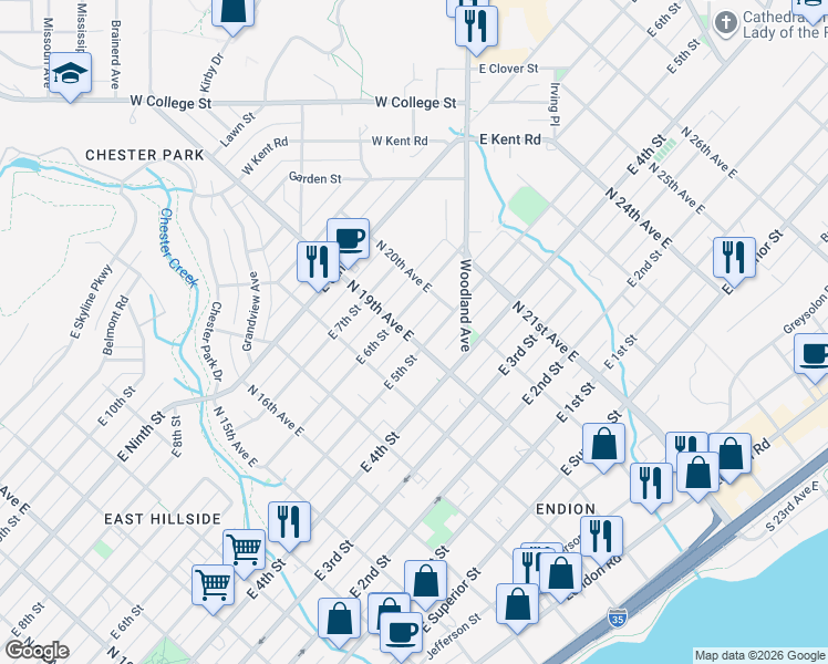 map of restaurants, bars, coffee shops, grocery stores, and more near 518 North 19th Avenue East in Duluth