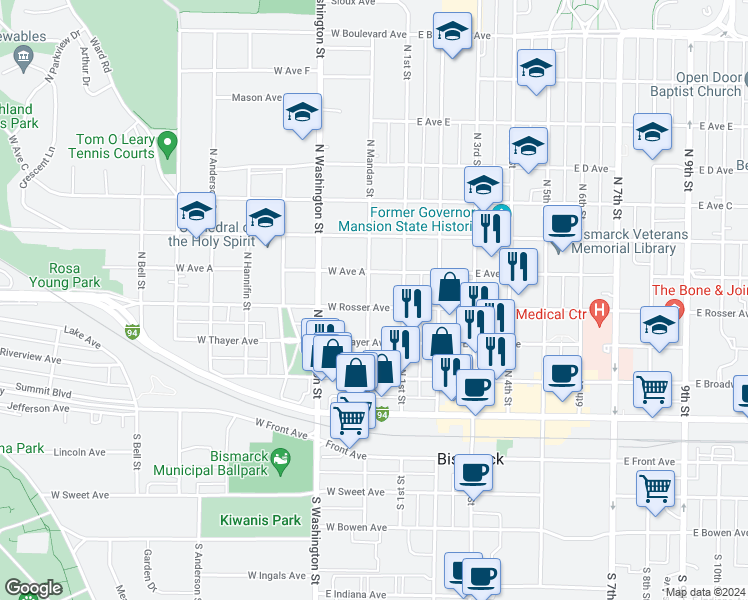 map of restaurants, bars, coffee shops, grocery stores, and more near 120 West Rosser Avenue in Bismarck