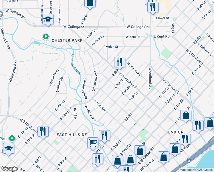 map of restaurants, bars, coffee shops, grocery stores, and more near 1718 East 8th Street in Duluth