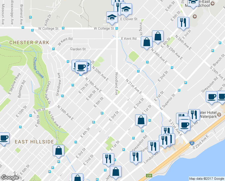 map of restaurants, bars, coffee shops, grocery stores, and more near 1926 East 5th Street in Duluth