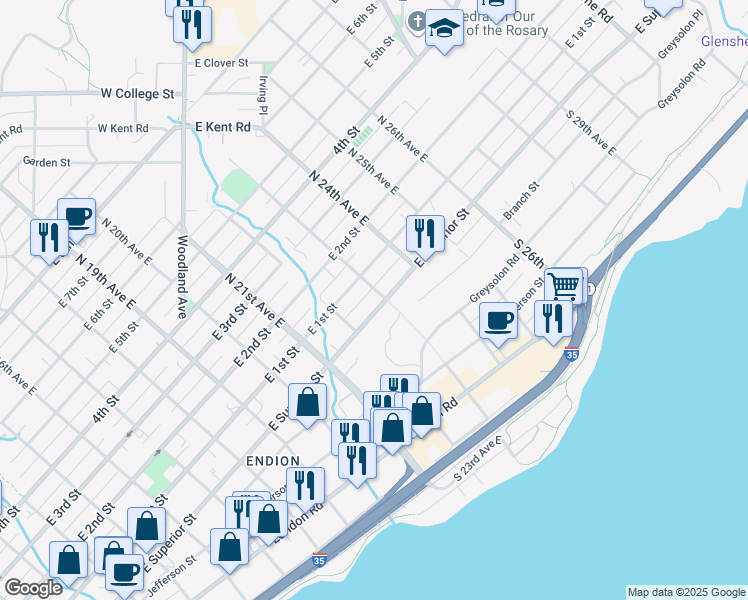 map of restaurants, bars, coffee shops, grocery stores, and more near 5 North 23rd Avenue East in Duluth