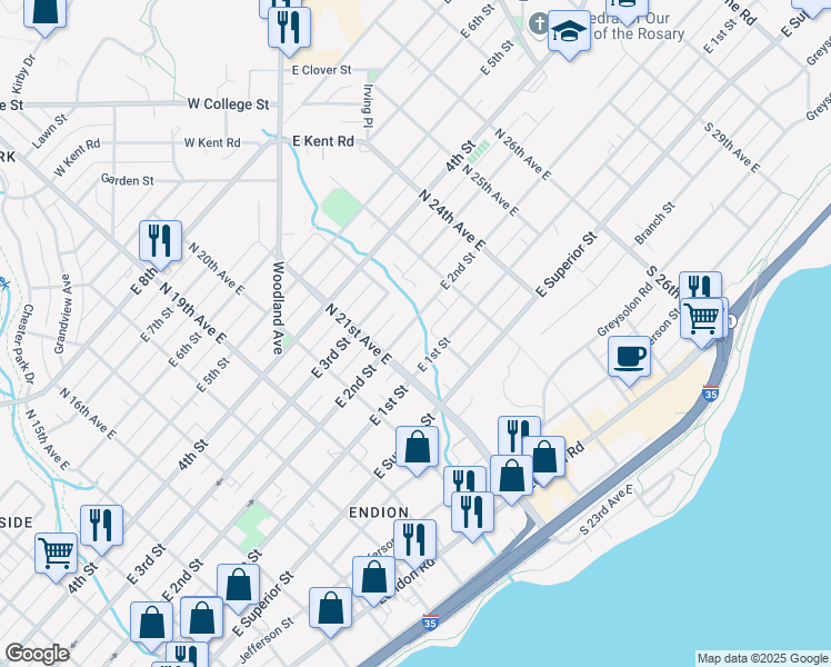 map of restaurants, bars, coffee shops, grocery stores, and more near 2128 East 2nd Street in Duluth