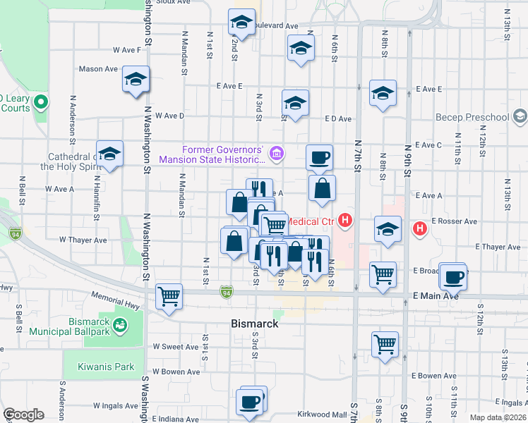 map of restaurants, bars, coffee shops, grocery stores, and more near 304 East Rosser Avenue in Bismarck