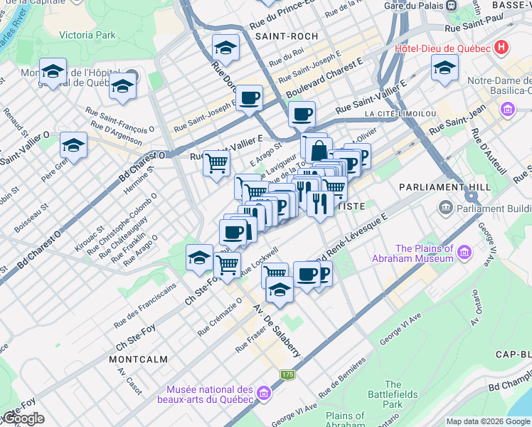 map of restaurants, bars, coffee shops, grocery stores, and more near 259 Rue Richelieu in Québec